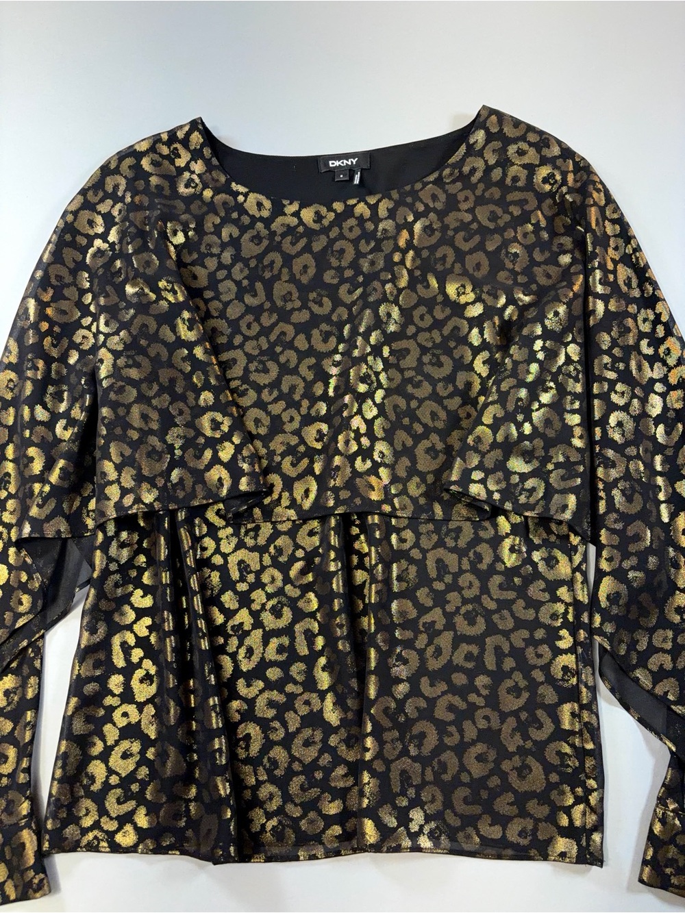 DKNY Metallic Leopard Print Cape Sleeve Blouse Black Gold Sheer Capelet Evening